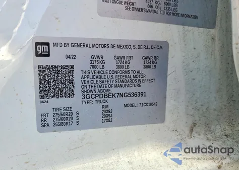 2022 Chevrolet Silverado K1500 Custom z USA, uszkodzony, nr VIN 3GCPDBEK7NG536391